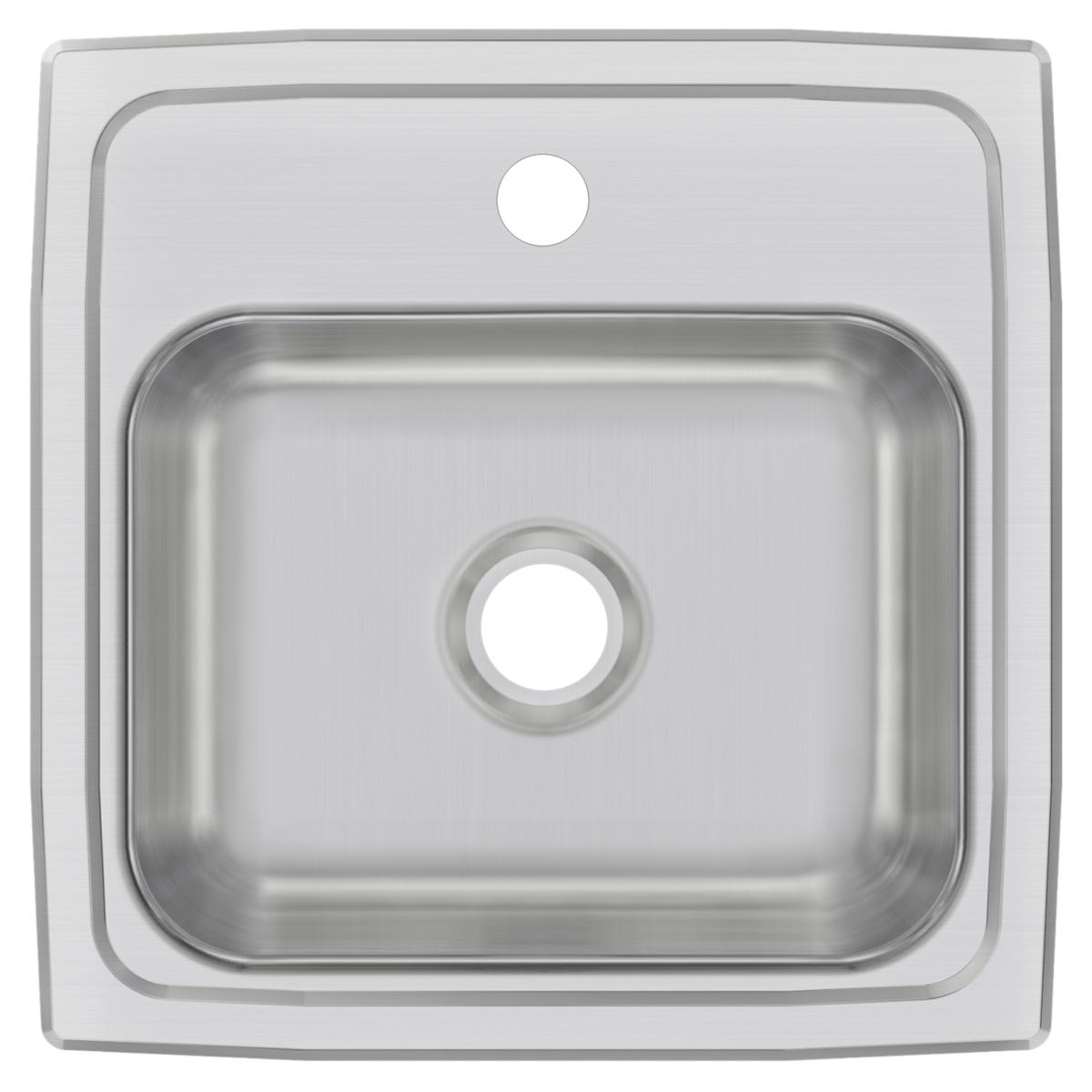 Stainless steel square drop-in bar sink with single bowl and one faucet hole in rim.