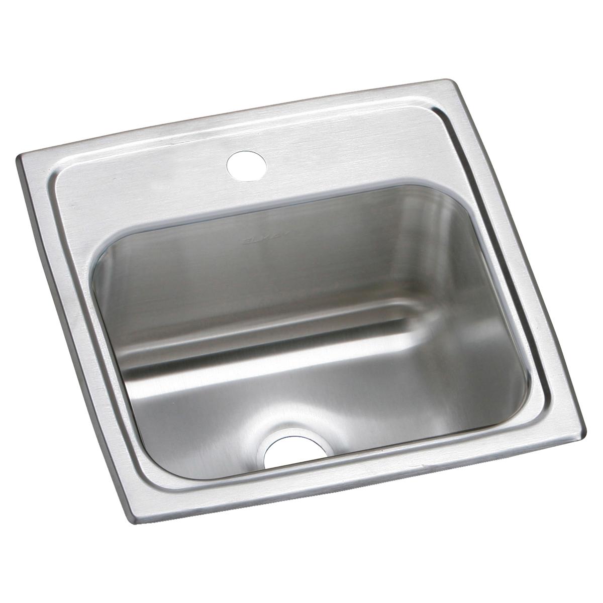 Stainless steel drop-in bar sink with single bowl, one faucet hole, and rounded corners.