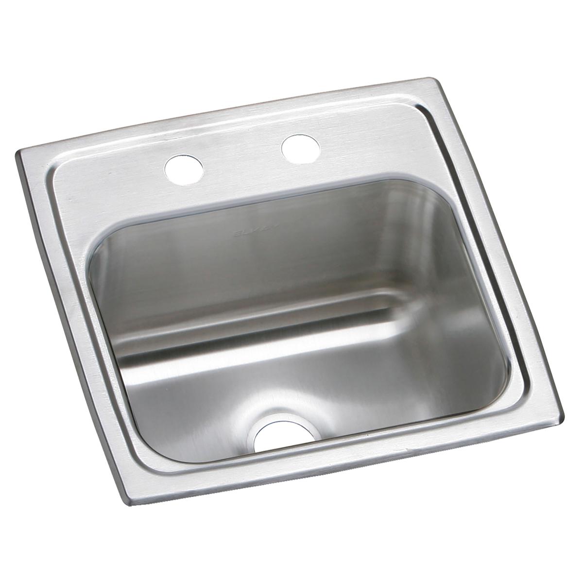Stainless steel drop-in bar sink with single bowl and two mounting holes on rim.