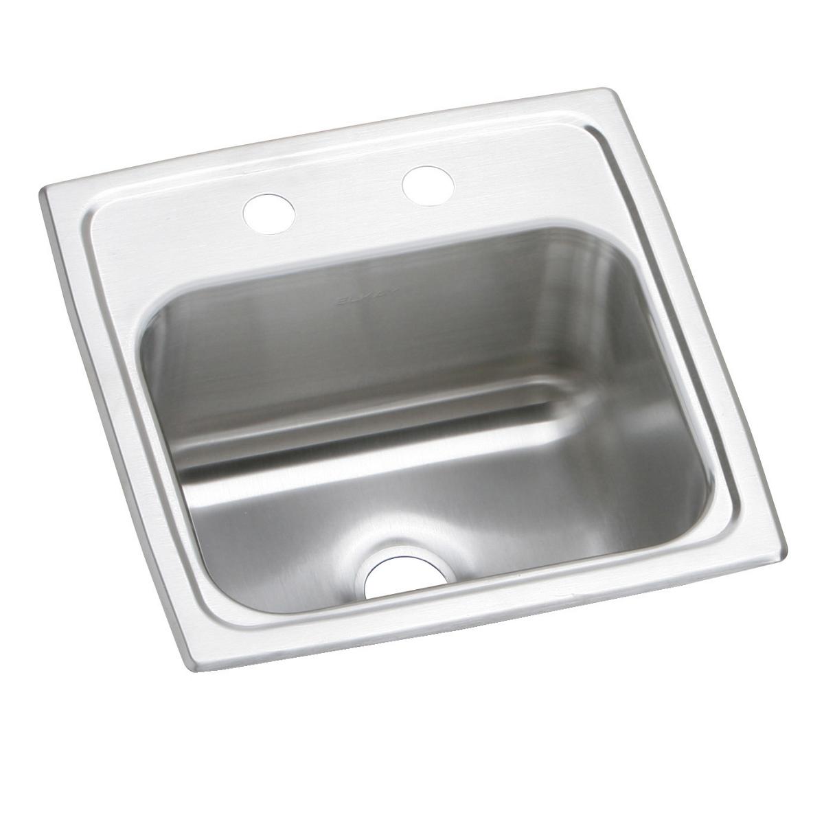 Stainless steel drop-in bar sink with single bowl, two faucet holes, and drain opening.