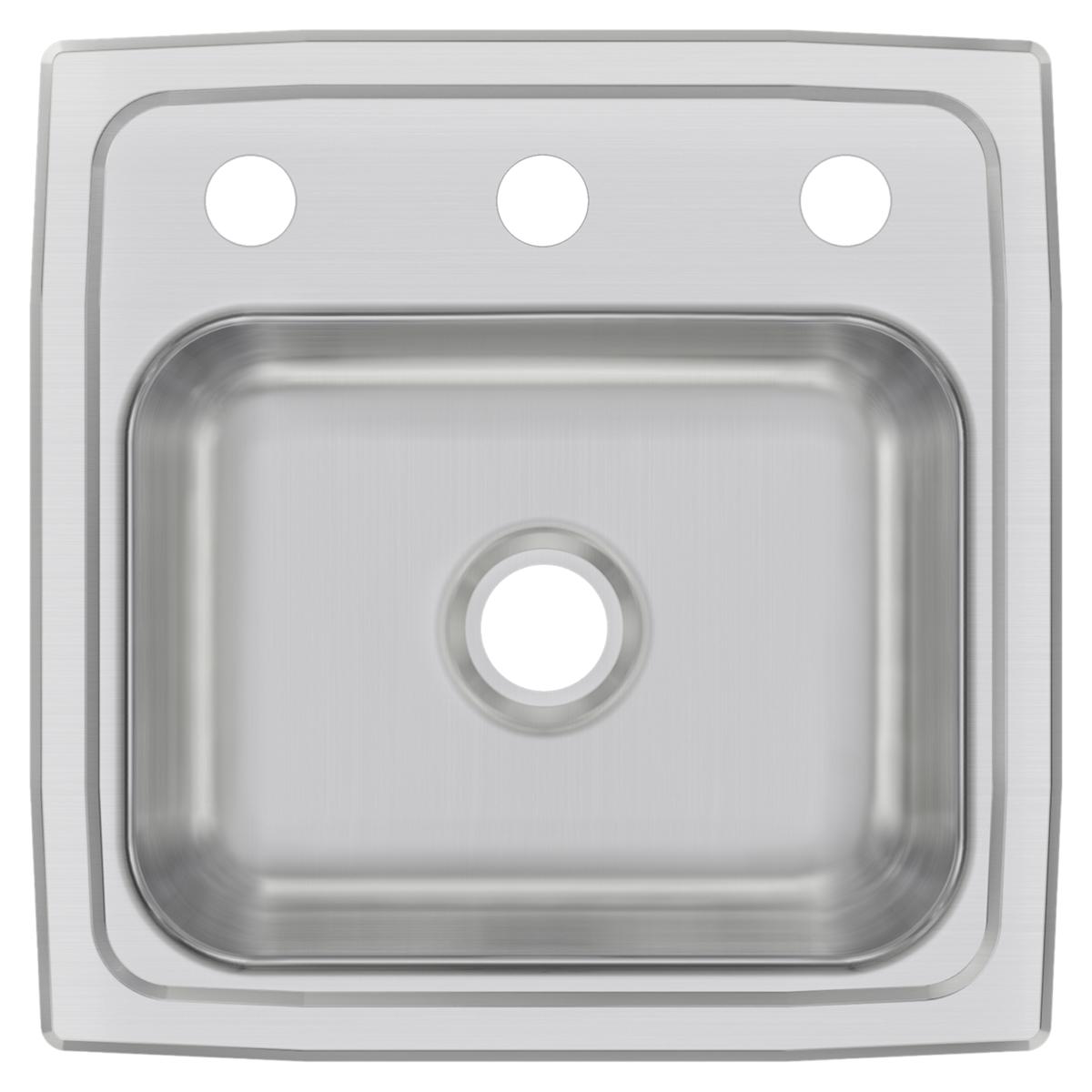 Stainless steel drop-in bar sink with single bowl, three faucet holes in rim, and drain hole in basin center.