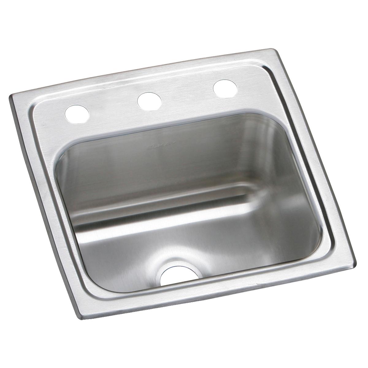 Stainless steel drop-in bar sink with single bowl, three pre-drilled holes, and rounded corners.