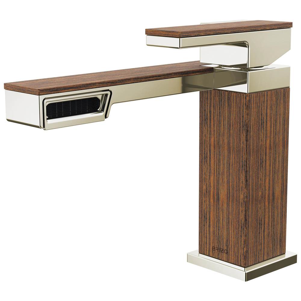 Chrome single-handle lavatory faucet with cream and wood-grain base, featuring geometric architectural design.