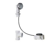 Chrome and white PVC cable-operated bath drain and overflow system with flexible overflow neck and drain stopper.