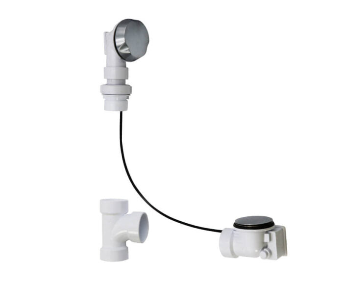 Chrome and white PVC cable-operated bath drain and overflow system with flexible overflow neck and drain stopper.