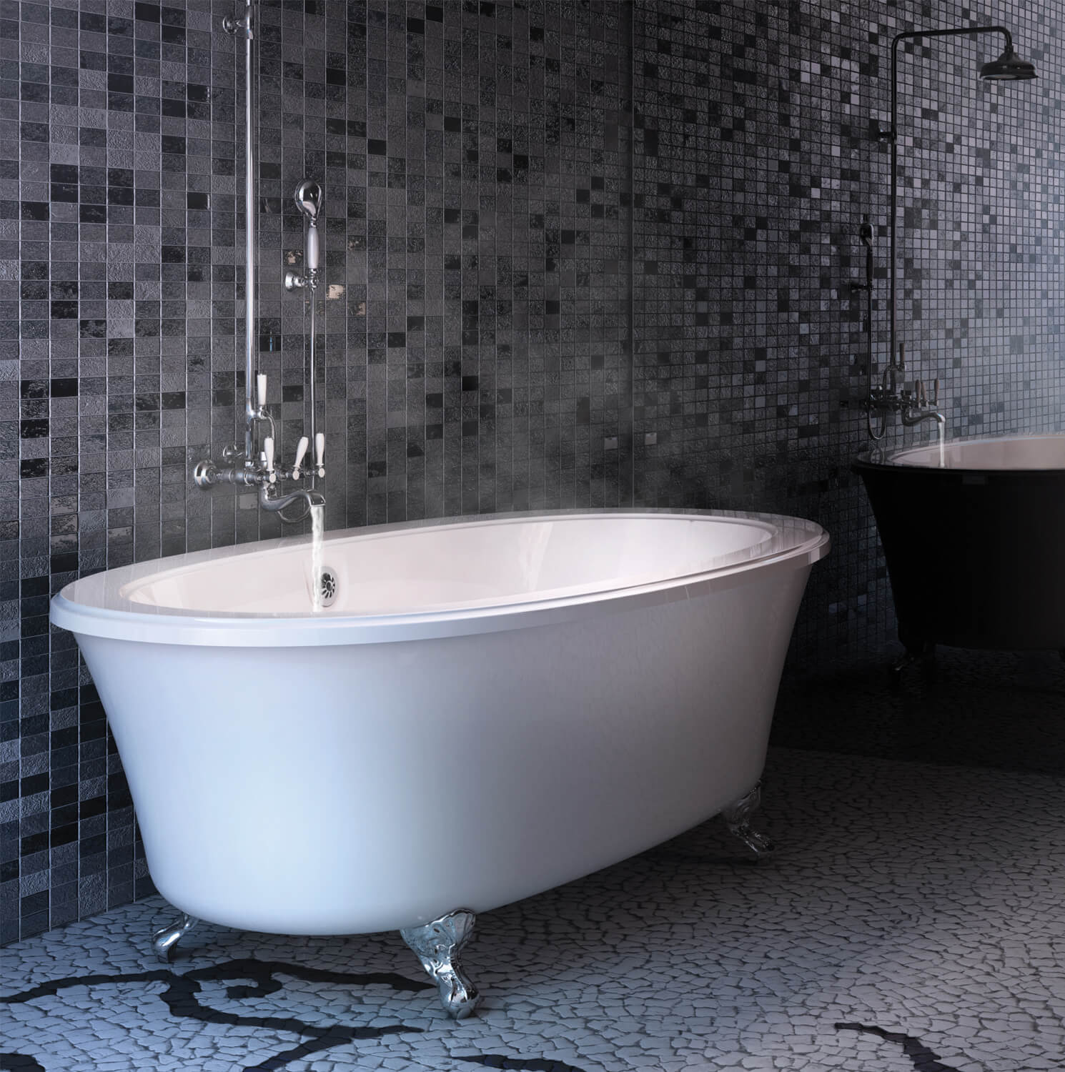 White oval freestanding bathtub with chrome fixtures and claw feet in bathroom with gray tile walls.