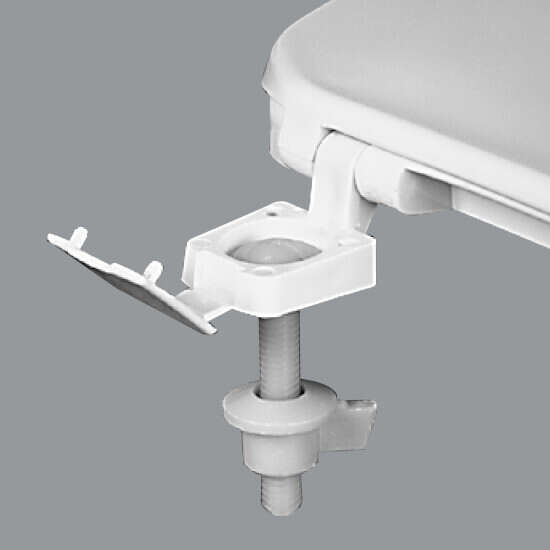 White round plastic toilet seat with Top-Tite hinge mechanism shown in open position against gray background.