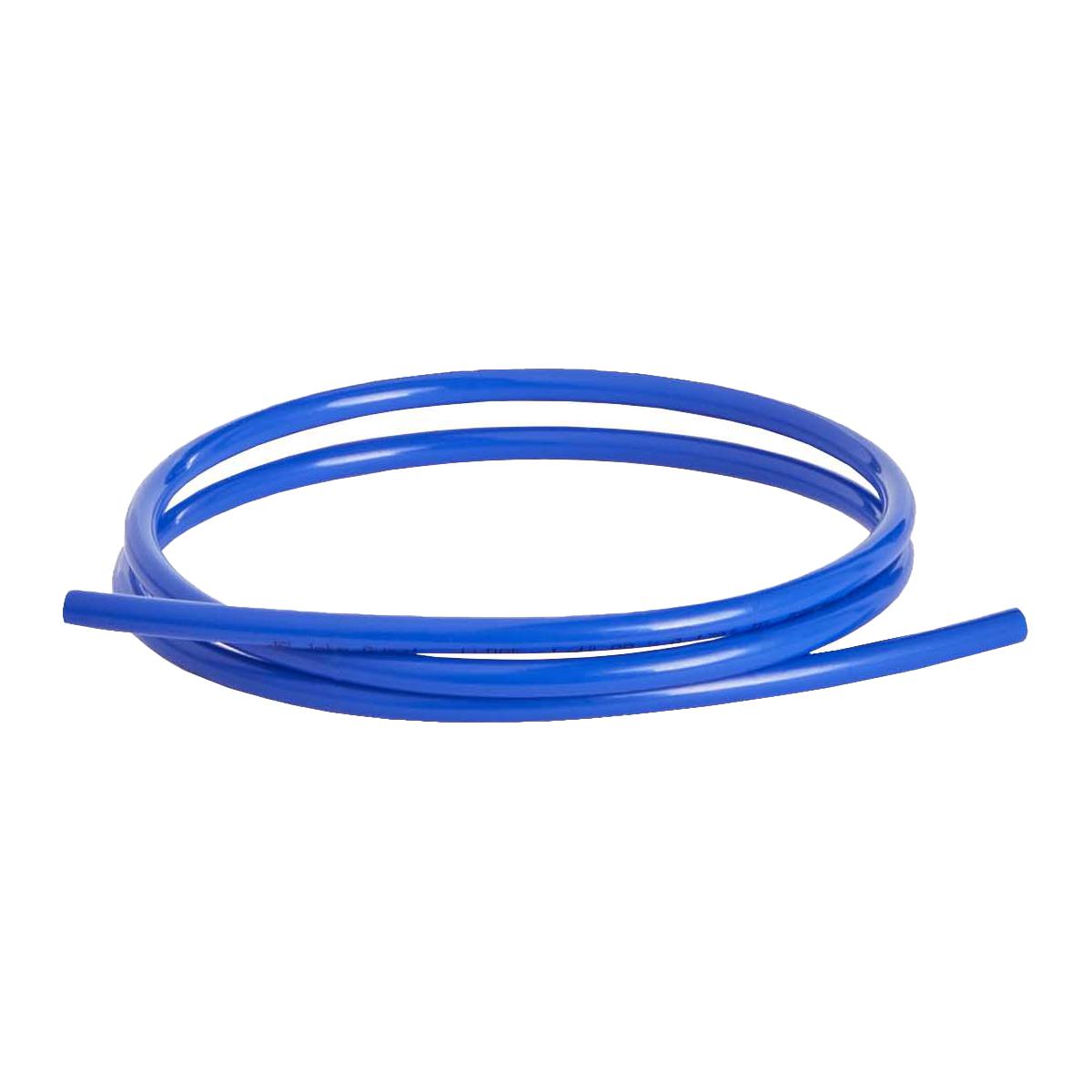 Blue plastic tubing coiled with loose ends against white background.
