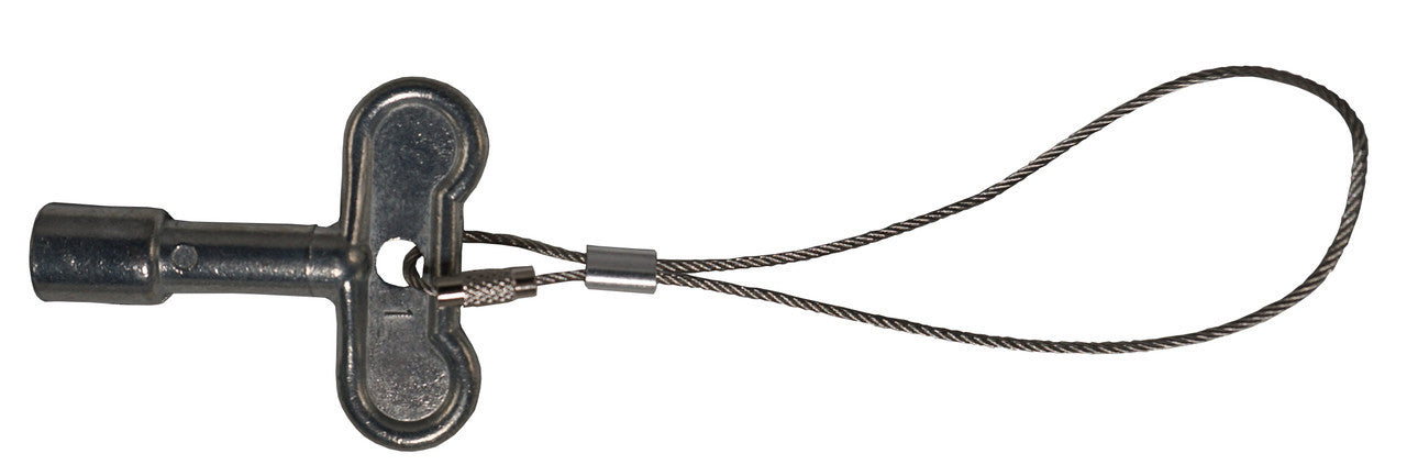 Metal wall hydrant key with T-shaped handle and attached steel cable lanyard loop.