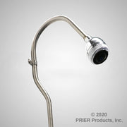 Stainless steel outdoor shower riser with curved arm and adjustable shower head against white background.