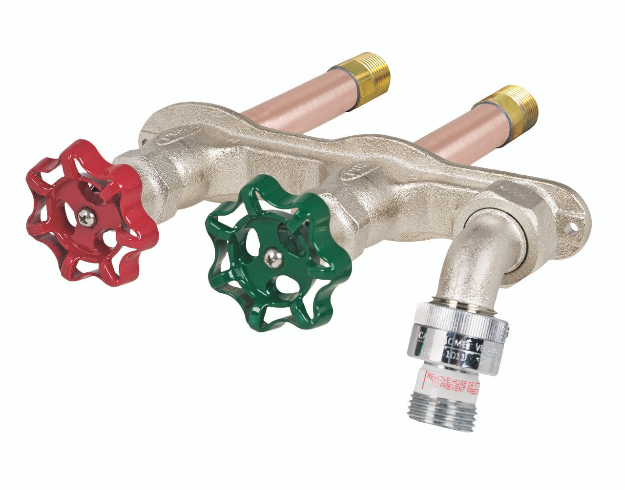 Nickel wall-mounted faucet with dual brass hose connections, red and green turn handles, and vacuum breaker outlet.