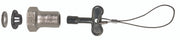 Metal conversion kit components including washers, cylindrical fitting, valve body, and loose key with cable attachment.