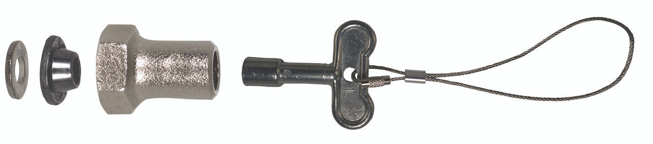 Metal conversion kit components including washers, cylindrical fitting, valve body, and loose key with cable attachment.