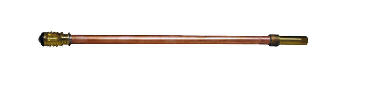 Copper stem assembly with brass fittings on each end, elongated horizontal orientation.