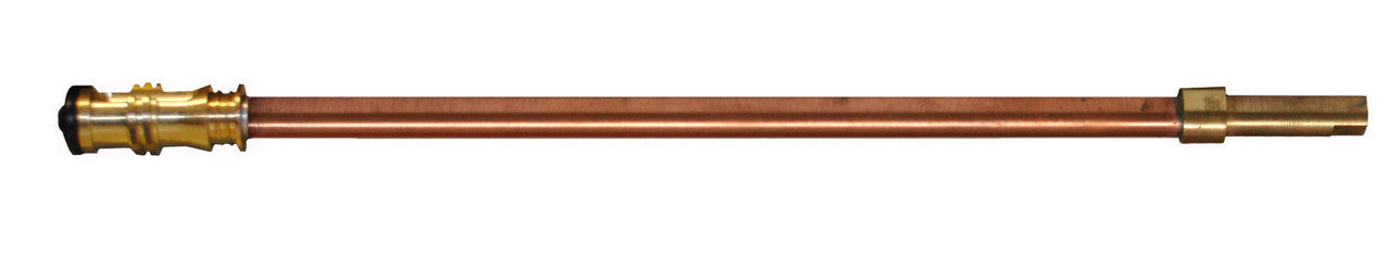 Brass and copper replacement stem with threaded connectors on both ends.