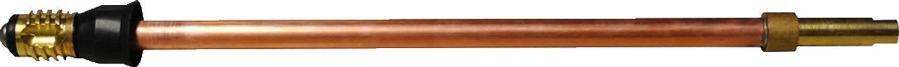 Brass and copper stem assembly with black rubber grip section and threaded brass fittings on both ends.