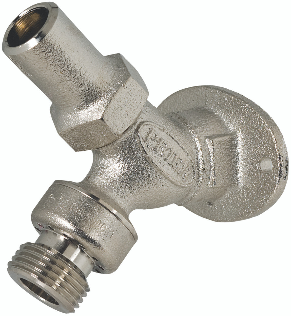 Polished chrome angle sill faucet with 1/2 in FPT connection, angled spout, and key operator valve control.