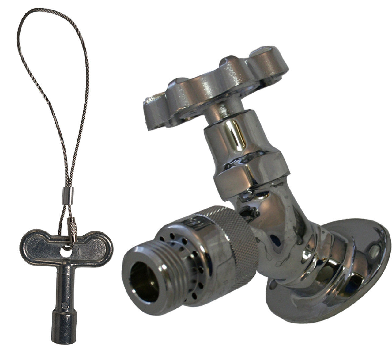 Polished chrome angle sill faucet with wheel handle and separate key operator on cord.