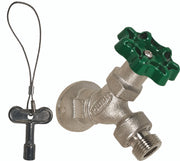 Satin nickel angle sill faucet with green wheel handle, male threads, and detached key operator with cable loop.