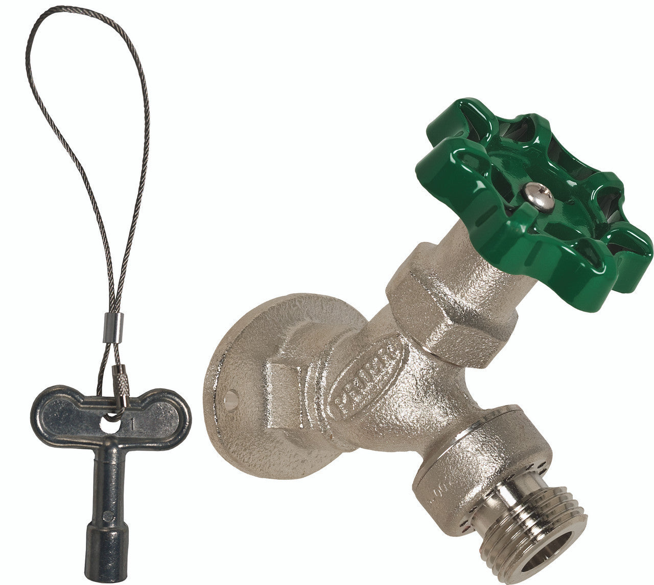 Satin nickel angle sill faucet with green wheel handle, male threads, and detached key operator with cable loop.