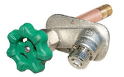 Wall-mounted brass hydrant with green handle valve and copper inlet connection.
