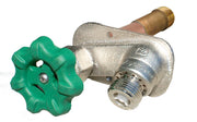 Metal wall hydrant with green handle valve and brass inlet connection on white background.