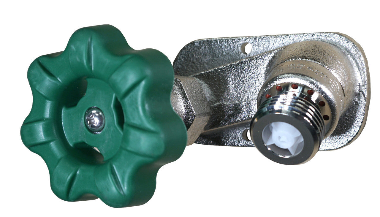 Green wall hydrant with four-lobed handle connected to metal mounting bracket with threaded outlet and clear drain valve.