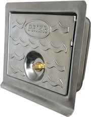 Stainless steel lockable box with Prier branding, wave pattern design, and brass lock mechanism on front.