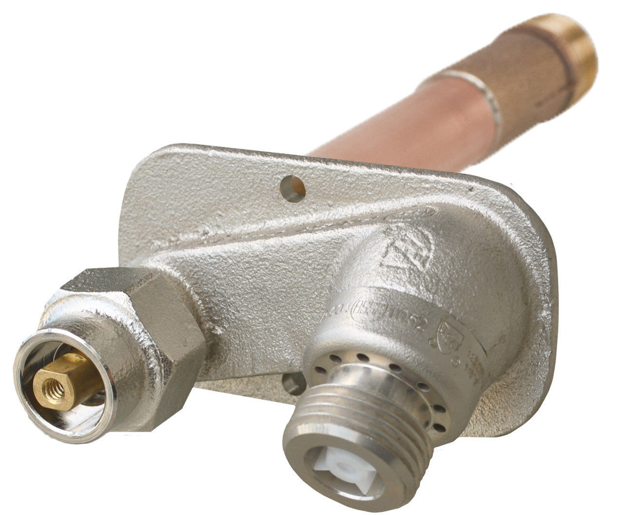 Brass and cast metal wall hydrant with 3/4 inch inlet connection and rear spigot outlet.