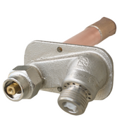 Metallic wall-mounted hydrant with wooden handle, brass inlet connection, and dual outlet ports.