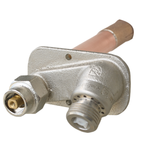 Metallic wall-mounted hydrant with wooden handle, brass inlet connection, and dual outlet ports.