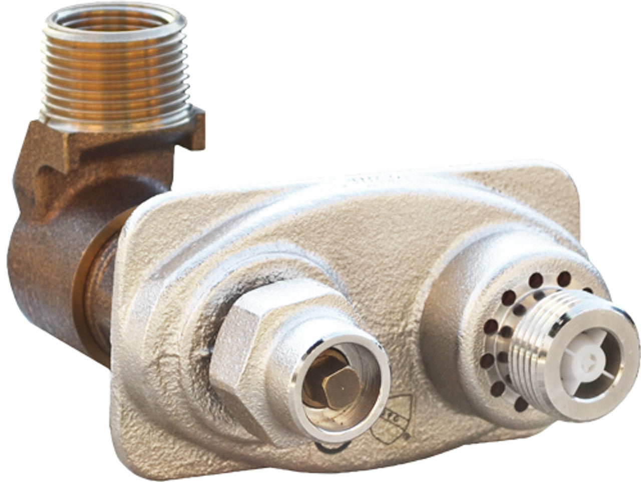Brass wall hydrant with 360-degree swivel connector and threaded male inlet port on tan-colored mounting body.