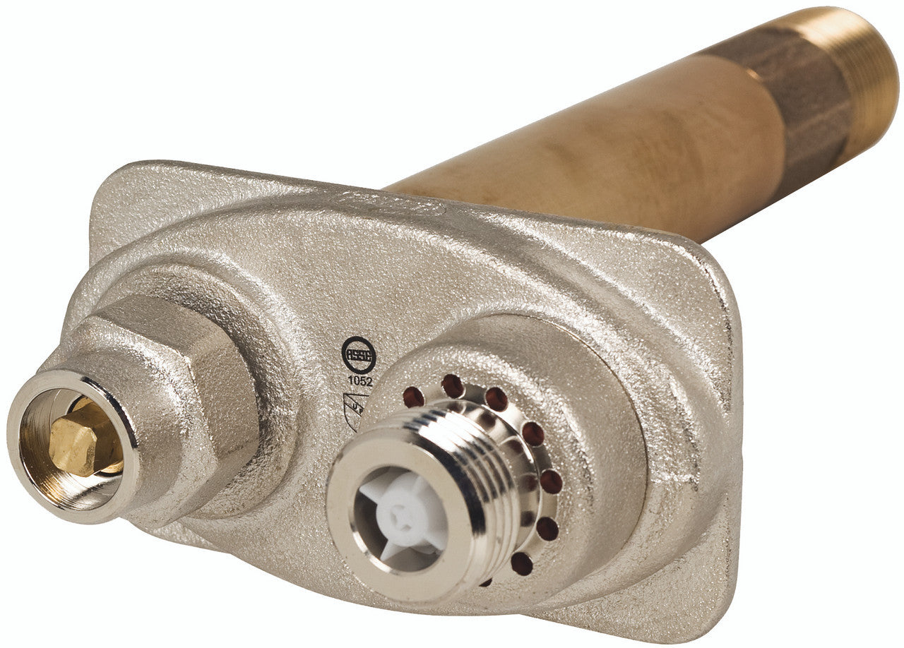 Brass wall hydrant with threaded inlet and outlet ports, featuring a central valve with drainage holes.