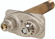 Brass wall hydrant with silver cast body, threaded outlet on left side, and brass inlet stem extending from top right.