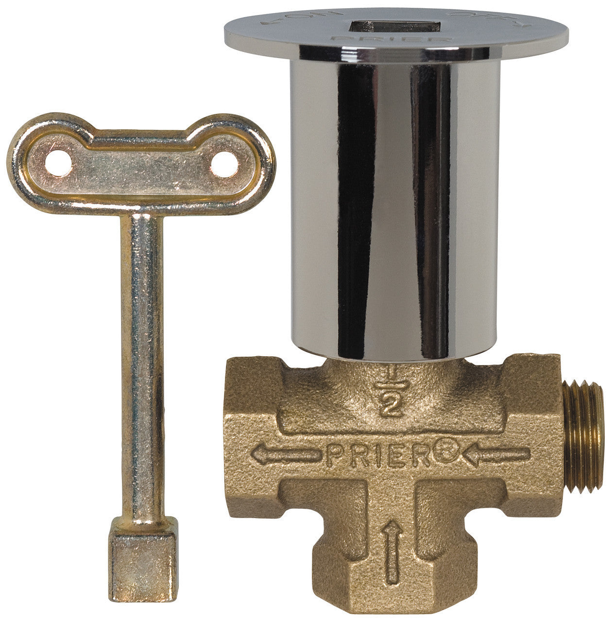 Prier 3-way gas log lighter valve with brass body, chrome plated escutcheon, and metal control key.