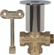 Brass gas log lighter valve with polished chrome escutcheon cap and matching brass control key.