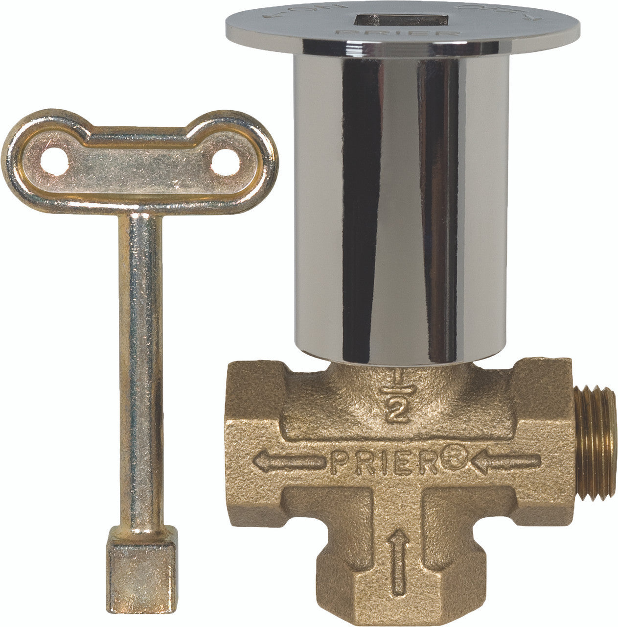 Brass gas log lighter valve with polished chrome escutcheon cap and matching brass control key.