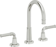 Polished chrome widespread lavatory faucet with arched spout and lever handles on circular bases.