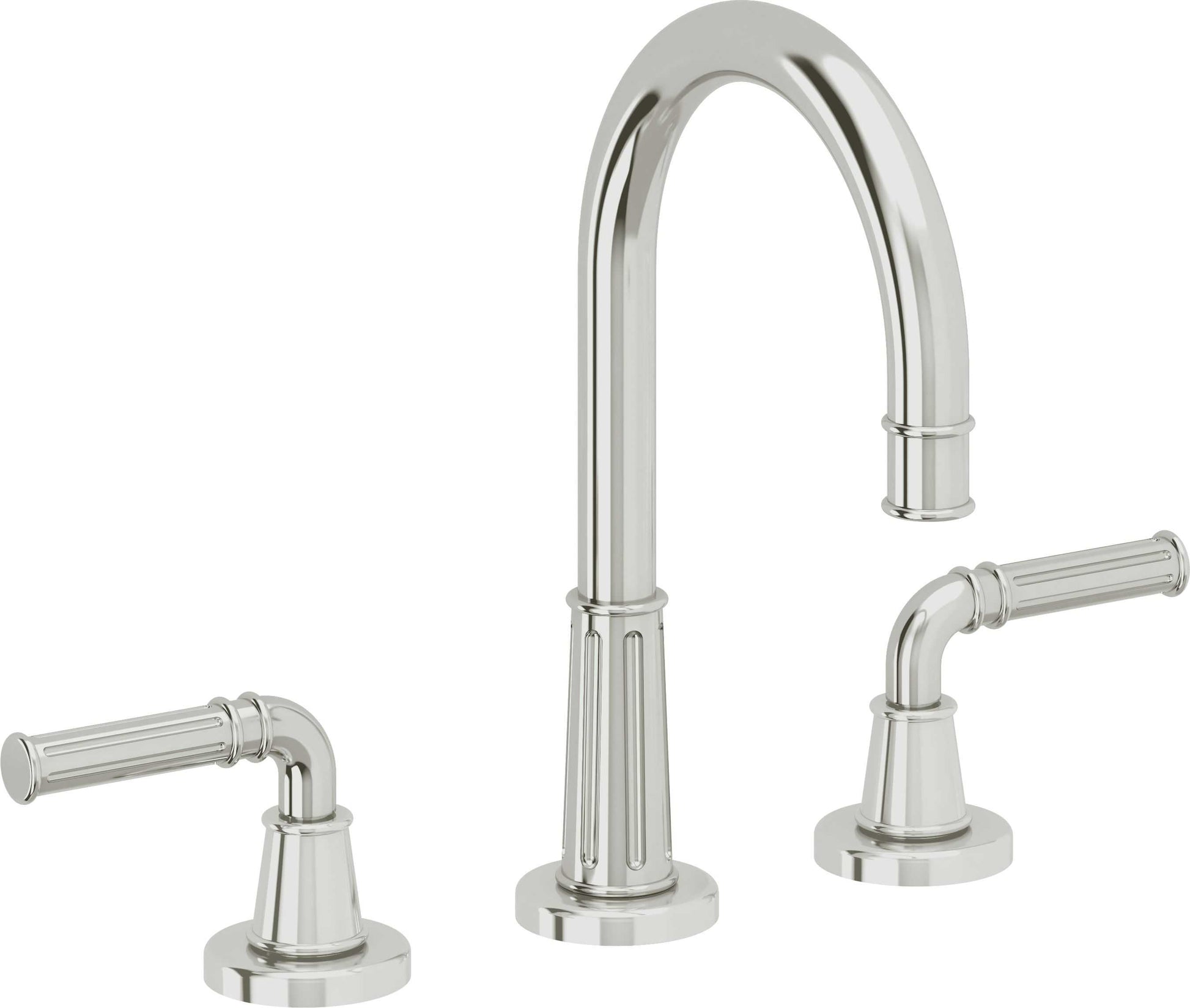 Polished chrome widespread lavatory faucet with arched spout and lever handles on circular bases.