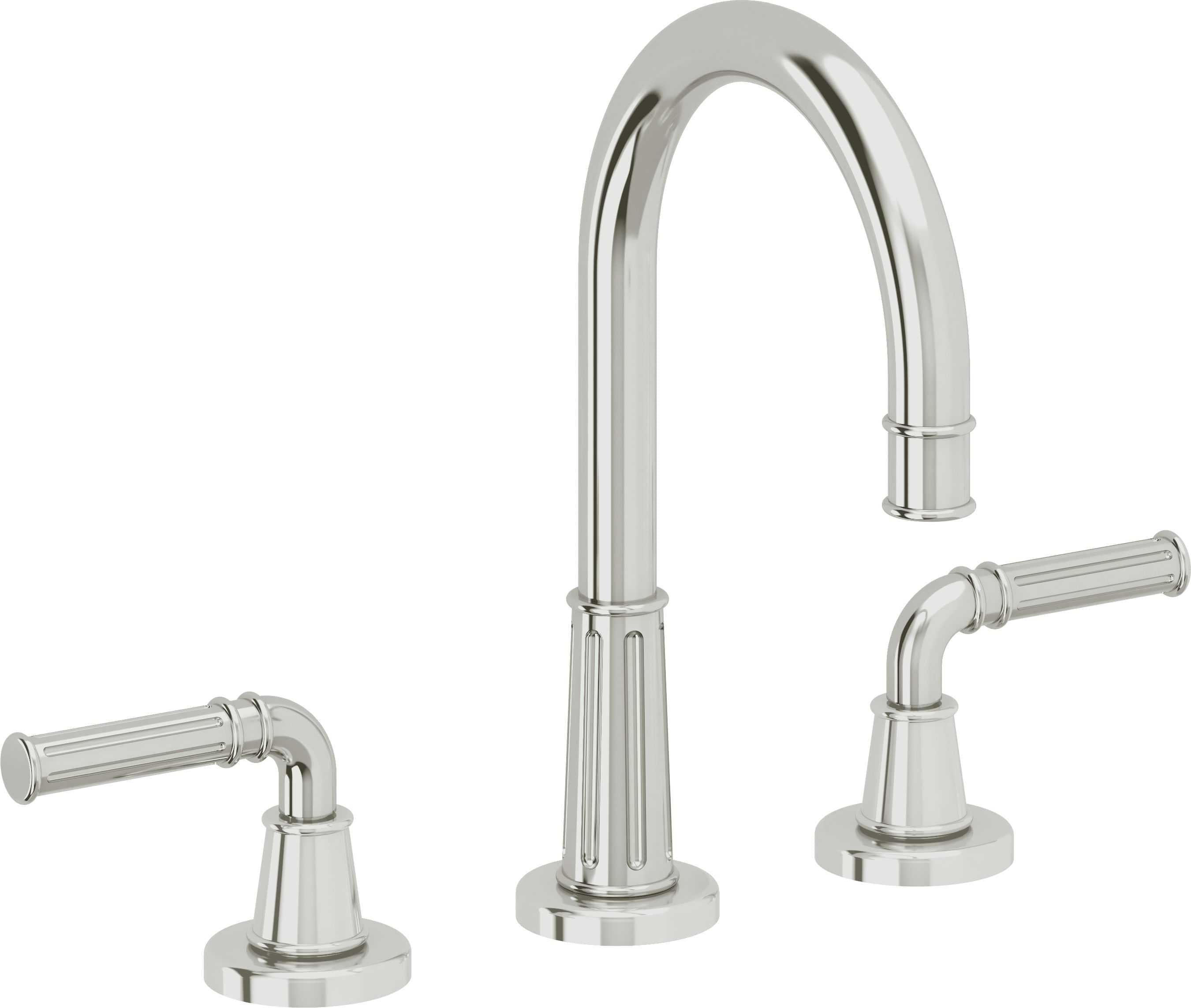 Polished chrome widespread lavatory faucet with arched spout and lever handles on circular bases.