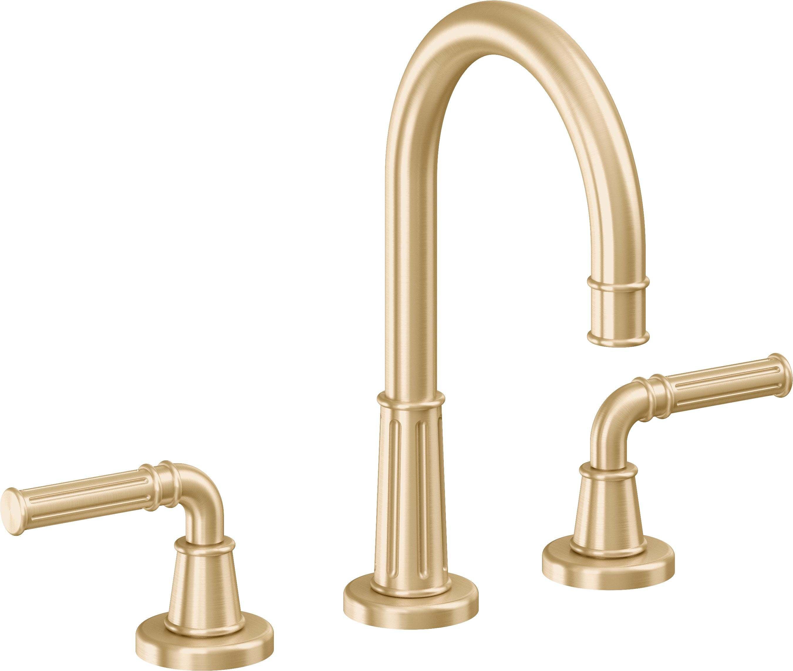 Satin brass widespread lavatory faucet with arched spout and two lever handles.