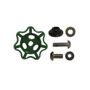 Green star-shaped handle with black rubber seal, metal screws, washers, and nuts arranged on white background.