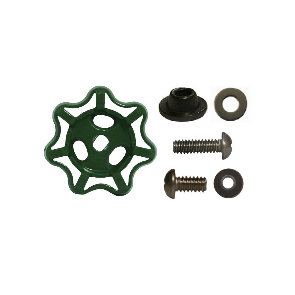Green star-shaped handle with black rubber seal, metal screws, washers, and nuts arranged on white background.