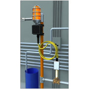 Electric alarm unit with orange beacon light, black horn speaker, yellow cord, and brass valve connector on orange pole.