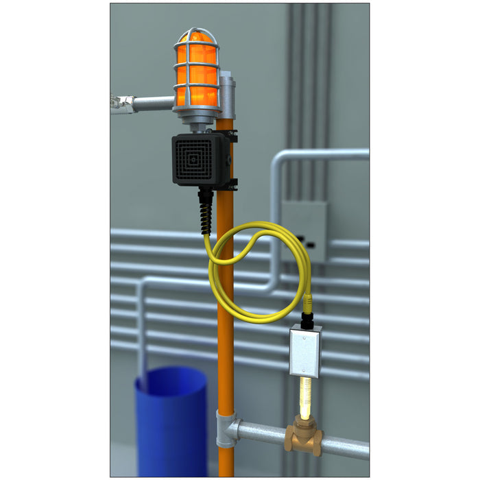 Electric alarm unit with orange beacon light, black horn speaker, yellow cord, and brass valve connector on orange pole.