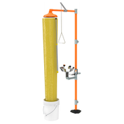 Emergency shower and eyewash station test kit with yellow cylindrical tank, orange frame, overhead showerhead, and basin fixt