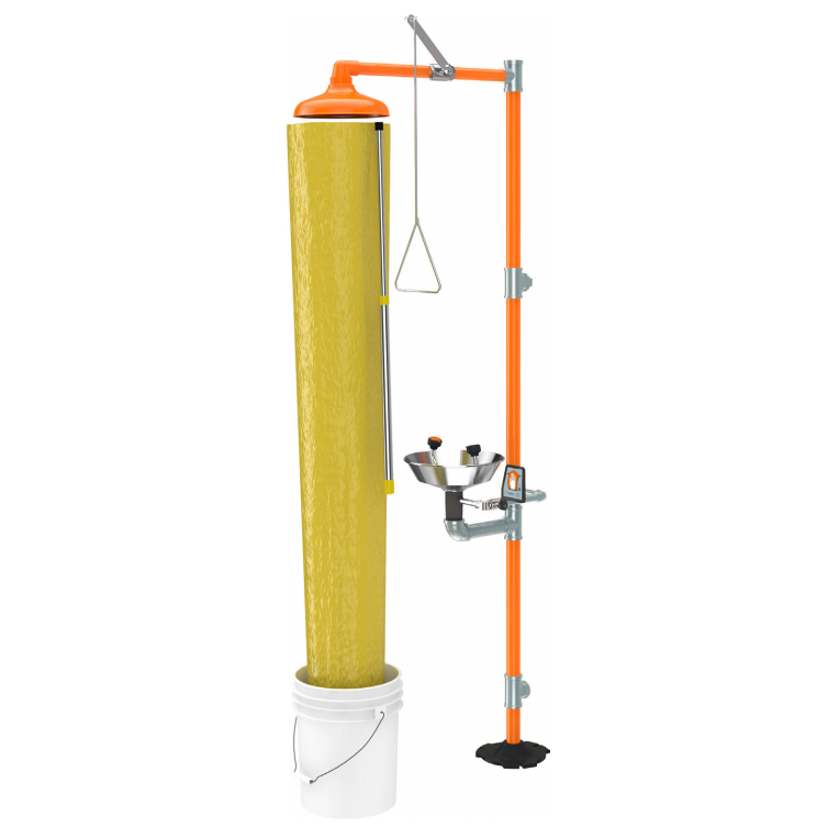 Emergency shower and eyewash station test kit with yellow cylindrical tank, orange frame, overhead showerhead, and basin fixt