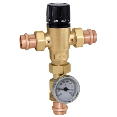 Brass mixing valve with black adjustable knob, copper inlet/outlet connections, and temperature gauge dial at bottom.