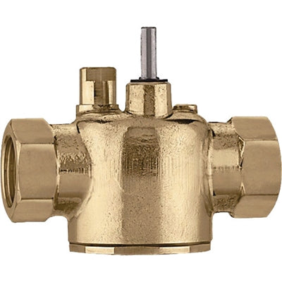 Brass 2-way valve body with 1/2" sweat connections on left and right sides and central adjustment stem.