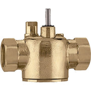 Brass 2-way valve body with 1" male union connections and manual stem on top.